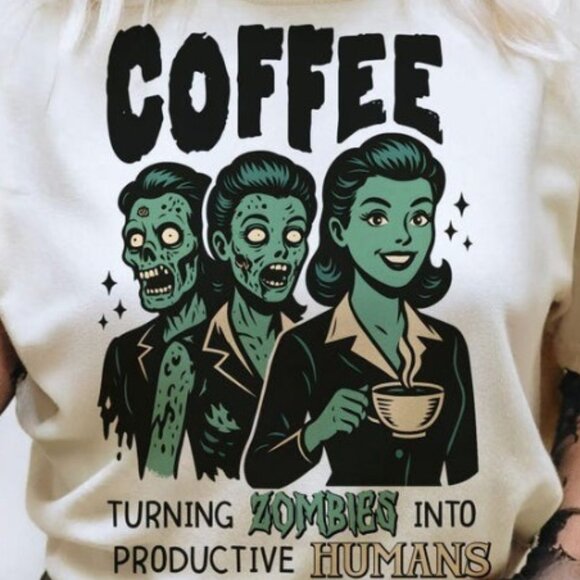 Funny Coffee Zombie Tee, Retro Halloween Horror Tee - Picture 2 of 3